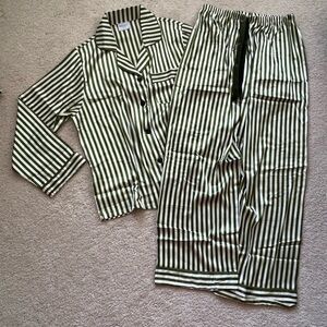 Bella pajama set NWOT green stripe satin feel large long sleeve and pants